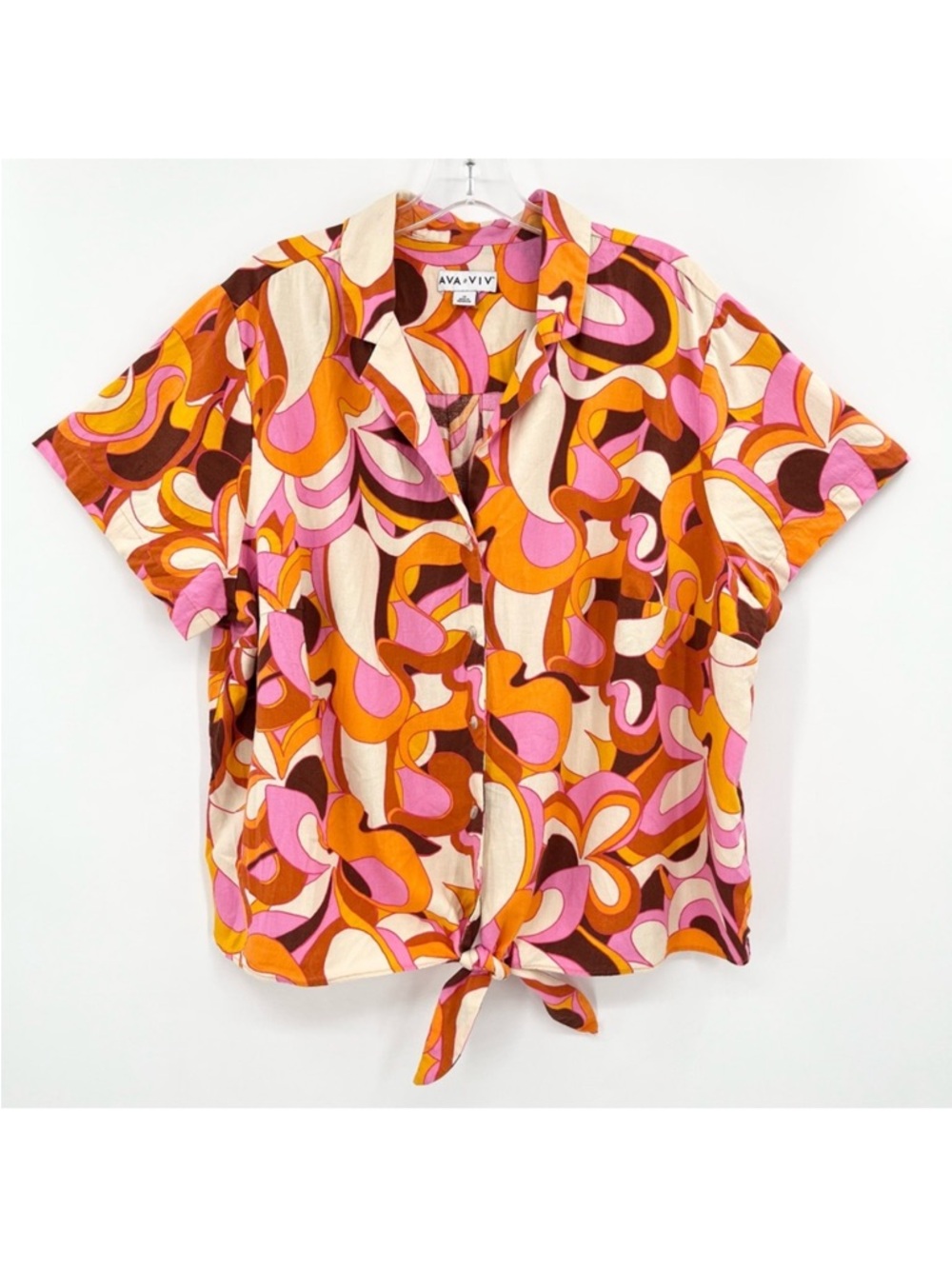 Ava & Viv Linen Blend Psychedelic Boho Retro Print Front-Tie Buttoned Top 1X